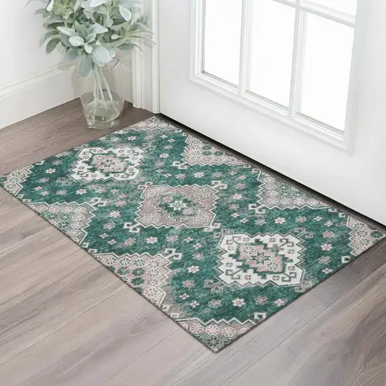 Emerald Brown And Ivory Medallion Washable Area Rug With UV Protection Photo 1