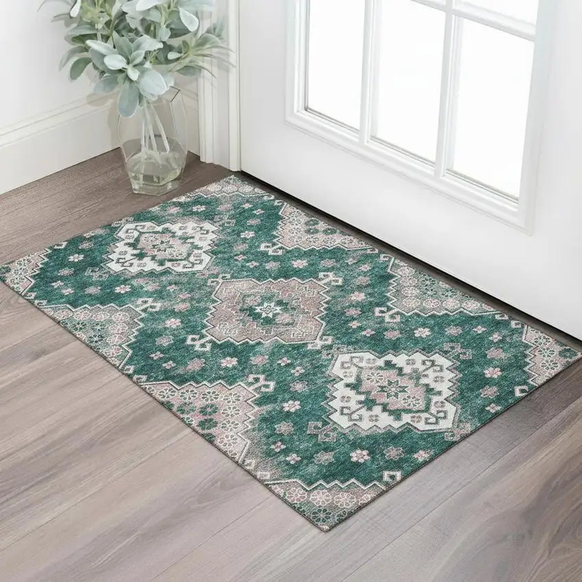 Emerald Brown And Ivory Medallion Washable Area Rug With UV Protection Photo 1