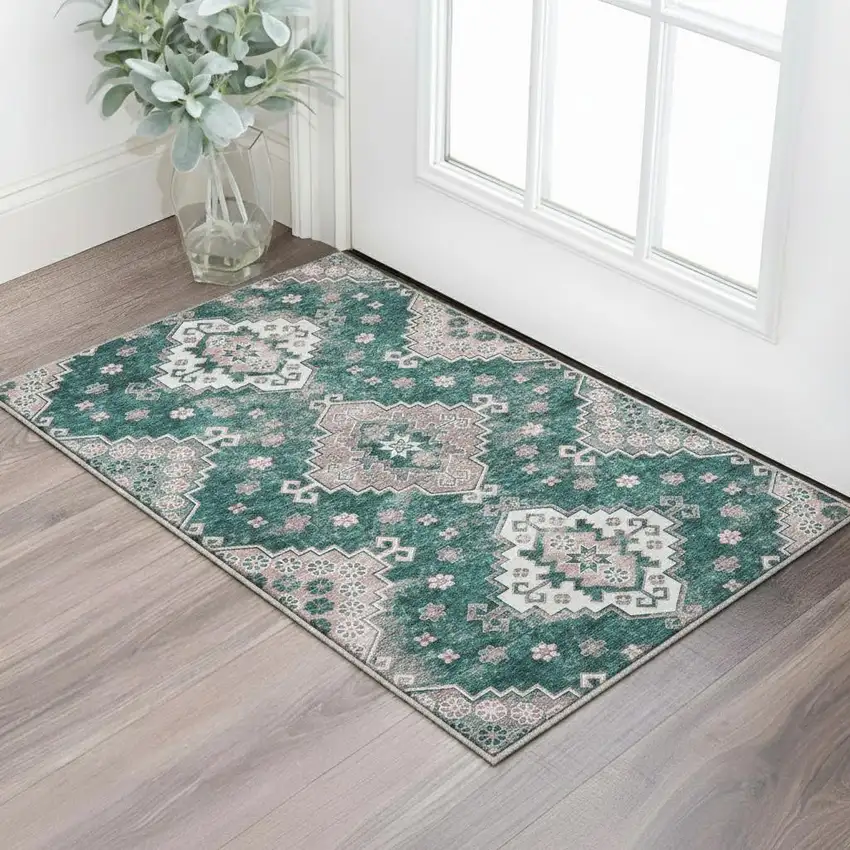 Emerald Brown And Ivory Medallion Washable Area Rug With UV Protection Photo 2