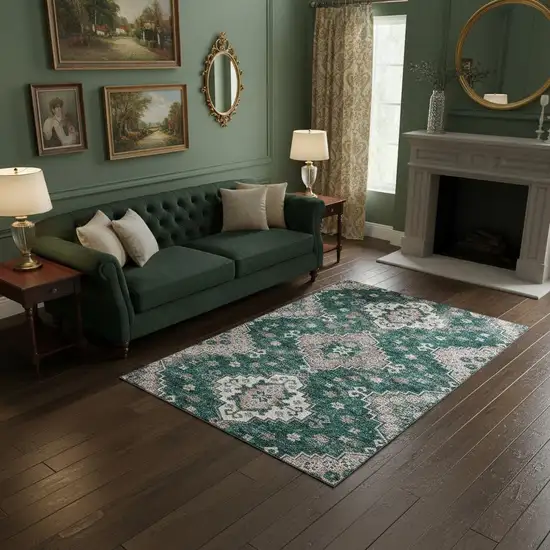 Emerald Brown And Ivory Medallion Washable Area Rug With UV Protection Photo 2