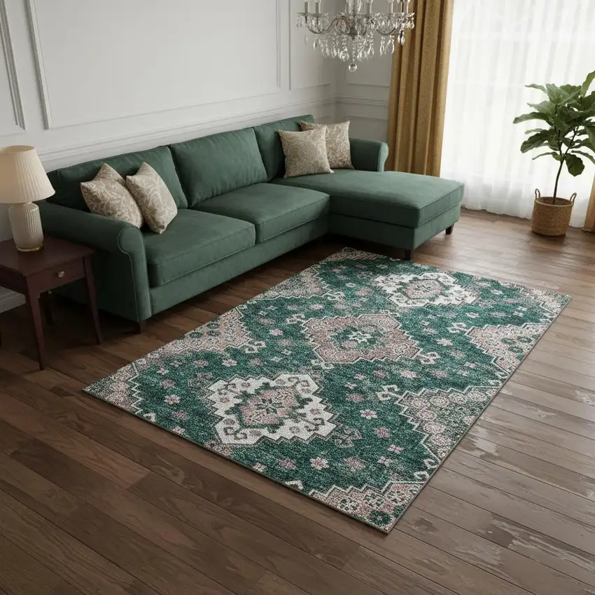 Emerald Brown And Ivory Medallion Washable Area Rug With UV Protection Photo 2