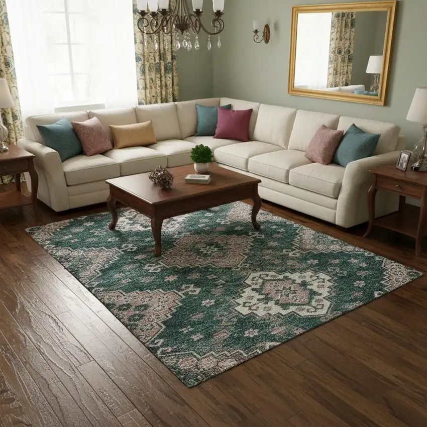 Emerald Brown And Ivory Medallion Washable Area Rug With UV Protection Photo 2