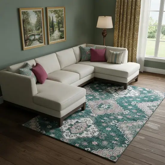 Emerald Brown And Ivory Medallion Washable Area Rug With UV Protection Photo 1