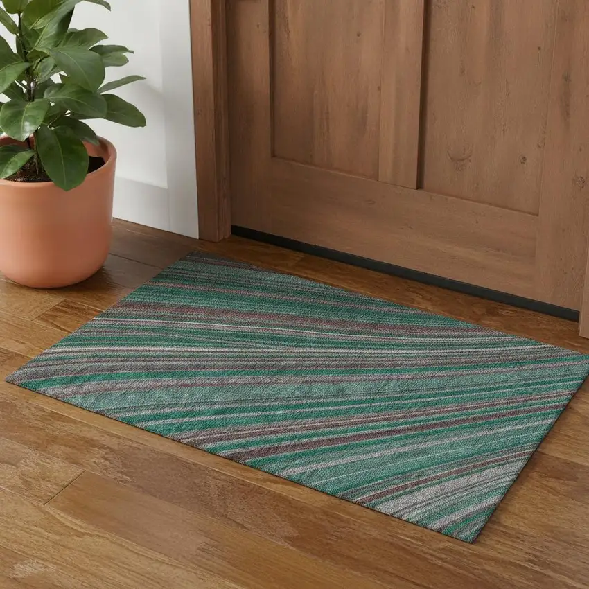 Emerald Brown And Merlot Striped Washable Area Rug With UV Protection Photo 1