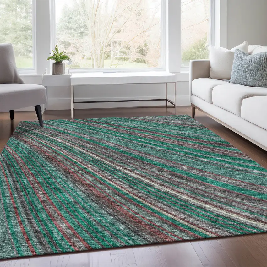 Emerald Brown And Merlot Striped Washable Area Rug With UV Protection Photo 1