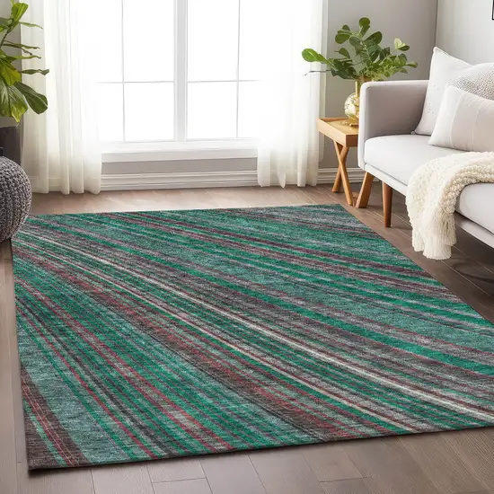 Emerald Brown And Merlot Striped Washable Area Rug With UV Protection Photo 2