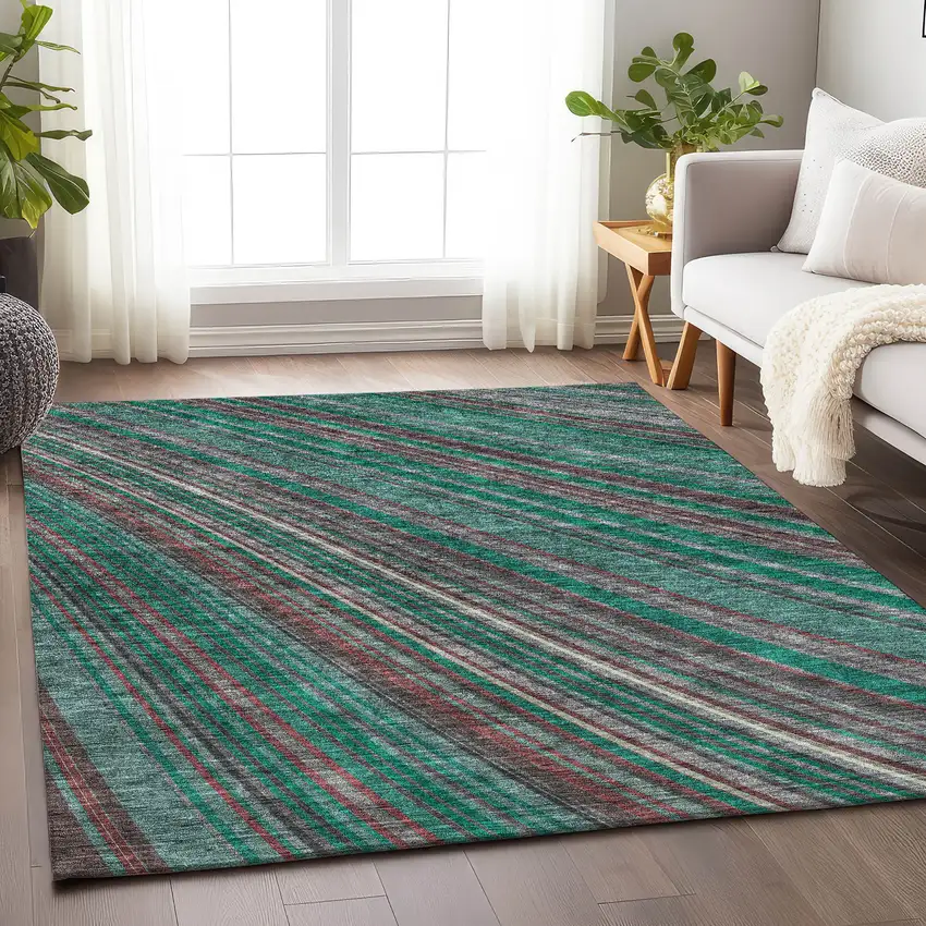 Emerald Brown And Merlot Striped Washable Area Rug With UV Protection Photo 2