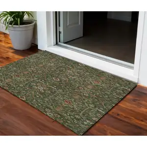 Photo of Emerald Brown And Red Floral Washable Indoor Outdoor Area Rug
