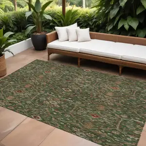 Photo of Emerald Brown And Red Floral Washable Indoor Outdoor Area Rug