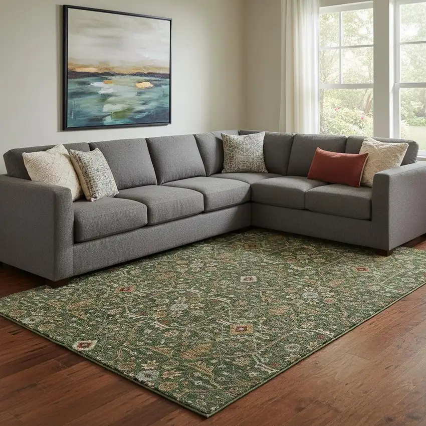 Emerald Copper And Beige Oriental Washable Area Rug With UV Protection Photo 2