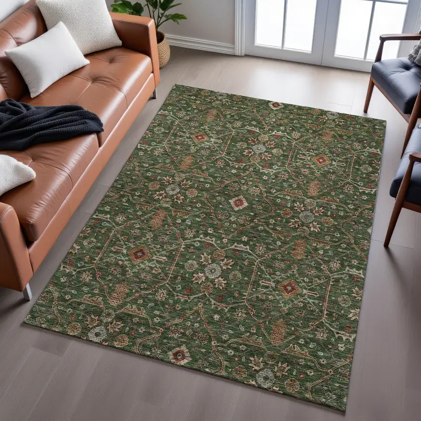 Emerald Copper And Beige Oriental Washable Area Rug With UV Protection Photo 5