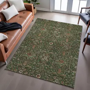 Photo of Emerald Copper And Beige Oriental Washable Area Rug With UV Protection