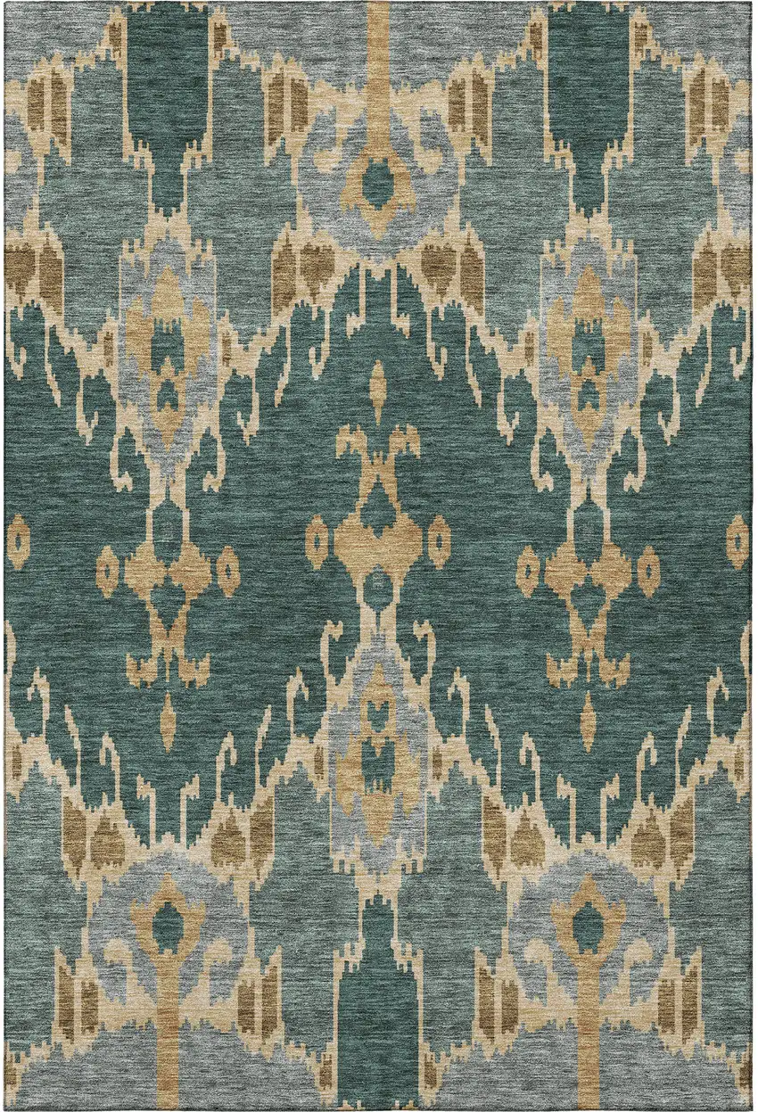 Emerald Gold And Gray Ikat Washable Area Rug With UV Protection Photo 4