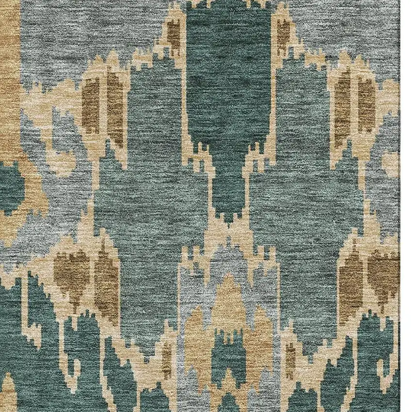 Emerald Gold And Gray Ikat Washable Area Rug With UV Protection Photo 3