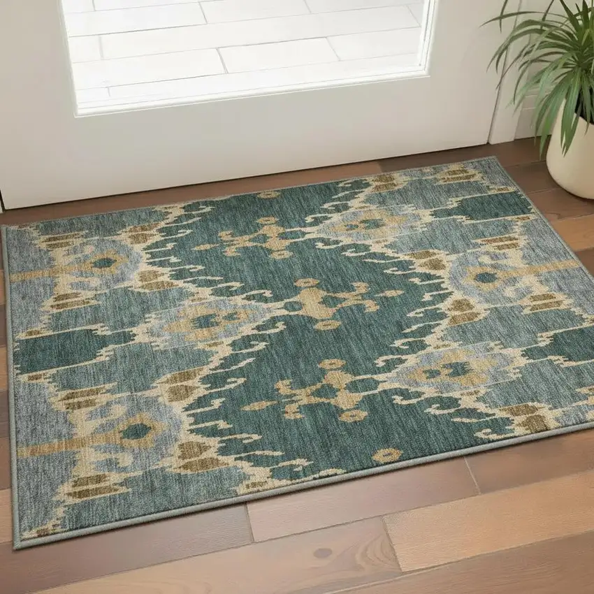 Emerald Gold And Gray Ikat Washable Area Rug With UV Protection Photo 2