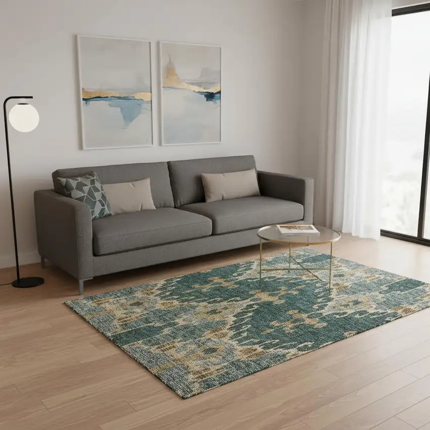 Emerald Gold And Gray Ikat Washable Area Rug With UV Protection Photo 2