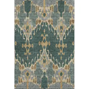 Photo of Emerald Gold And Gray Ikat Washable Area Rug With UV Protection
