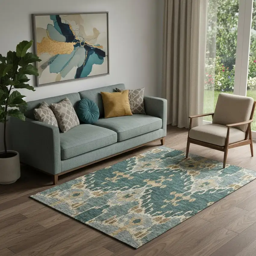 Emerald Gold And Gray Ikat Washable Area Rug With UV Protection Photo 1