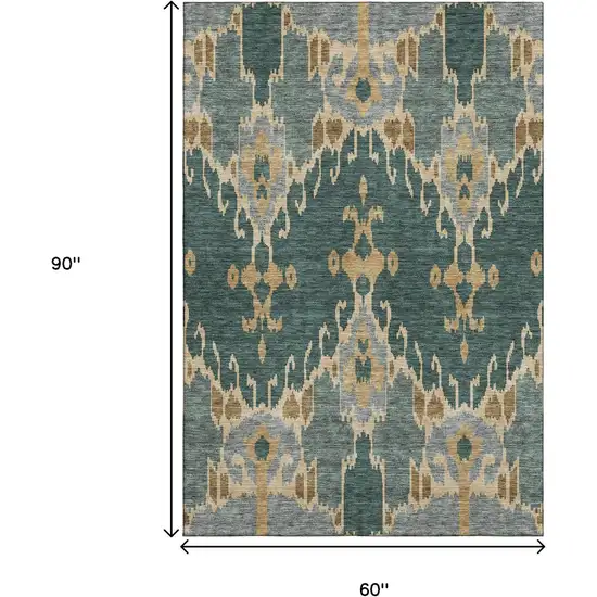 Emerald Gold And Gray Ikat Washable Area Rug With UV Protection Photo 3