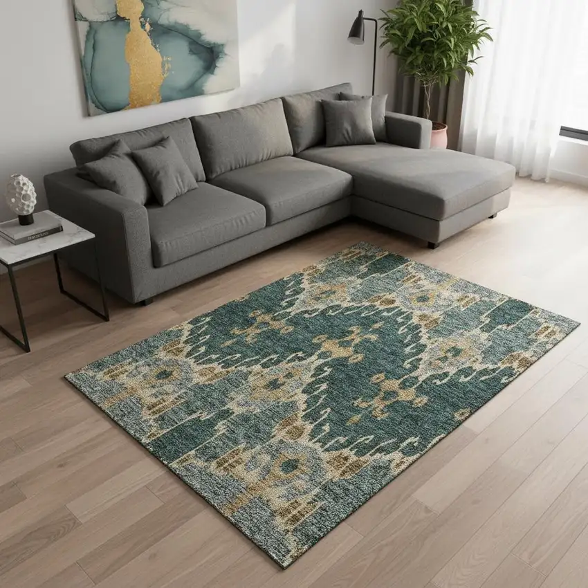 Emerald Gold And Gray Ikat Washable Area Rug With UV Protection Photo 2