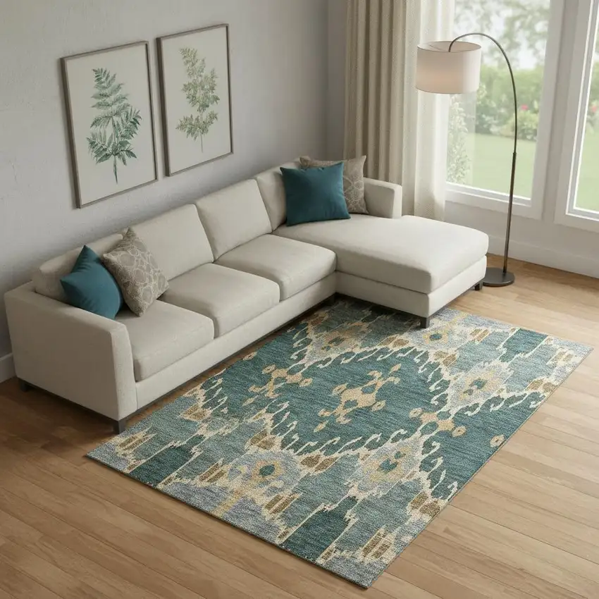 Emerald Gold And Gray Ikat Washable Area Rug With UV Protection Photo 1