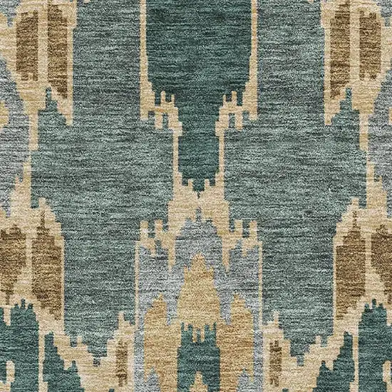 Emerald Gold And Gray Ikat Washable Area Rug With UV Protection Photo 3