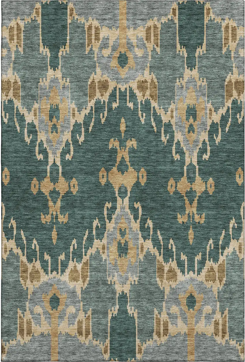 Emerald Gold And Gray Ikat Washable Area Rug With UV Protection Photo 1