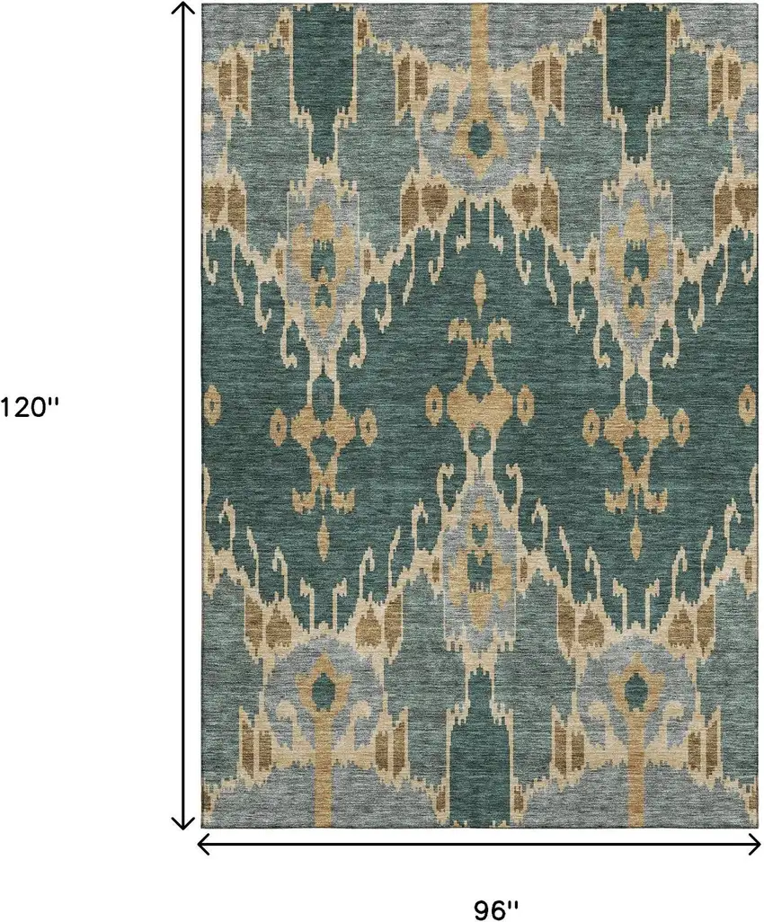 Emerald Gold And Gray Ikat Washable Area Rug With UV Protection Photo 3