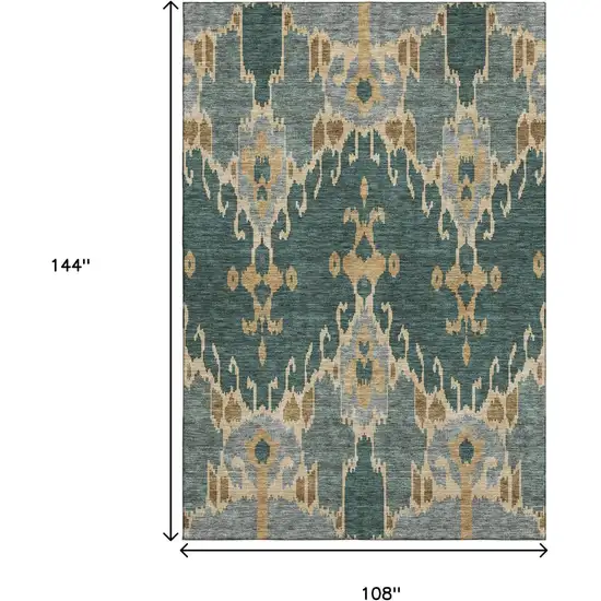 Emerald Gold And Gray Ikat Washable Area Rug With UV Protection Photo 3