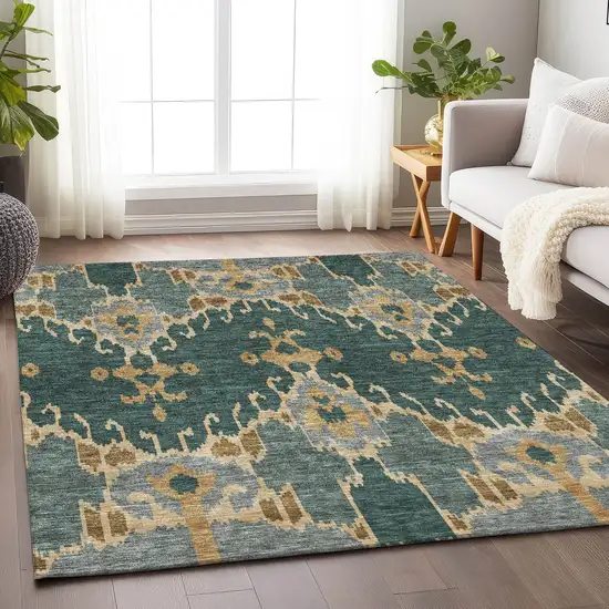 Emerald Gold And Gray Ikat Washable Area Rug With UV Protection Photo 4