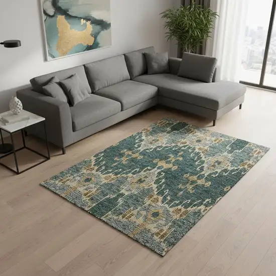 Emerald Gold And Gray Ikat Washable Area Rug With UV Protection Photo 2