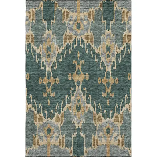 Emerald Gold And Gray Ikat Washable Area Rug With UV Protection Photo 1
