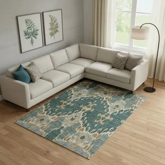 Emerald Gold And Gray Ikat Washable Area Rug With UV Protection Photo 1