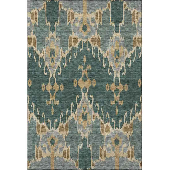 Emerald Gold And Gray Ikat Washable Area Rug With UV Protection Photo 3