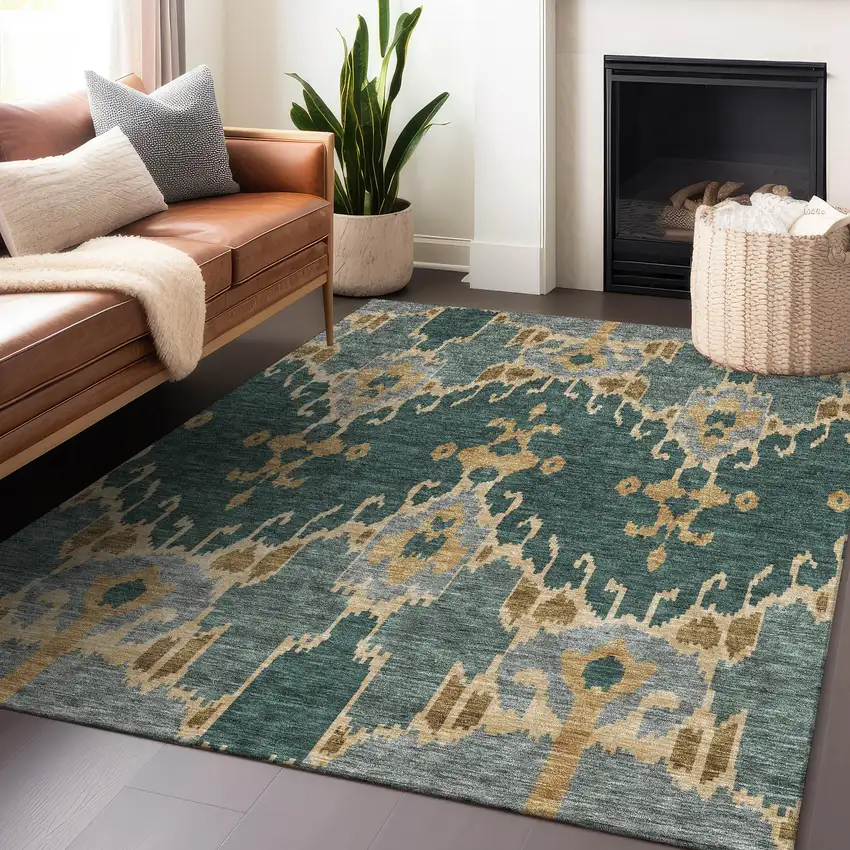 Emerald Gold And Gray Ikat Washable Area Rug With UV Protection Photo 6