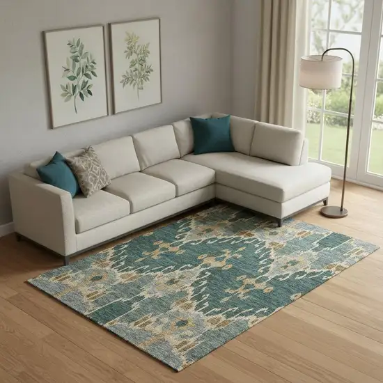 Emerald Gold And Gray Ikat Washable Area Rug With UV Protection Photo 1