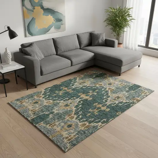 Emerald Gold And Gray Ikat Washable Area Rug With UV Protection Photo 2