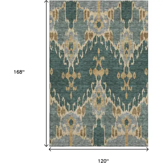 Emerald Gold And Gray Ikat Washable Area Rug With UV Protection Photo 3