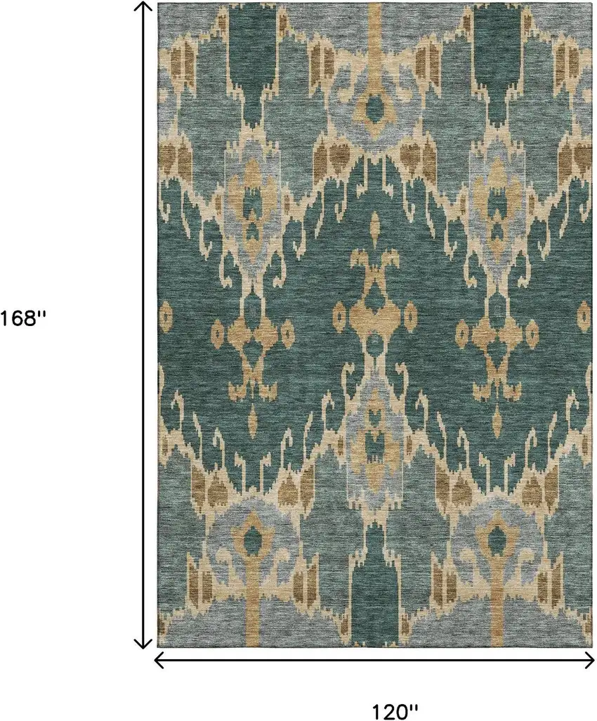 Emerald Gold And Gray Ikat Washable Area Rug With UV Protection Photo 3