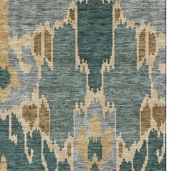 Emerald Gold And Gray Ikat Washable Area Rug With UV Protection Photo 3