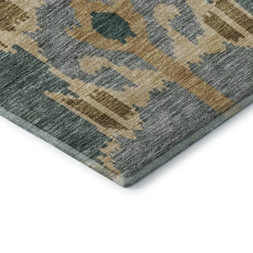 Emerald Gold And Gray Ikat Washable Area Rug With UV Protection Photo 8
