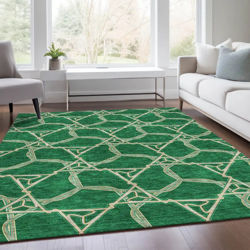 Emerald Gray And Beige Geometric Washable Area Rug With UV Protection Photo 5