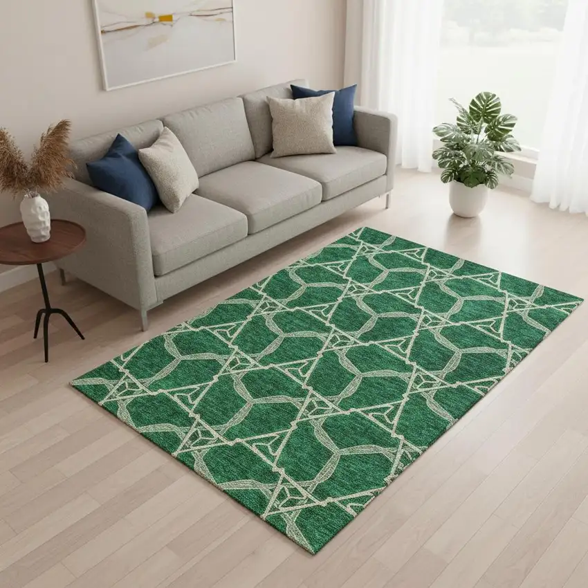 Emerald Gray And Beige Geometric Washable Area Rug With UV Protection Photo 2