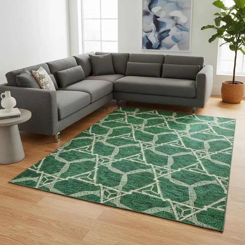 Emerald Gray And Beige Geometric Washable Area Rug With UV Protection Photo 2