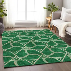 Photo of Emerald Gray And Beige Geometric Washable Area Rug With UV Protection