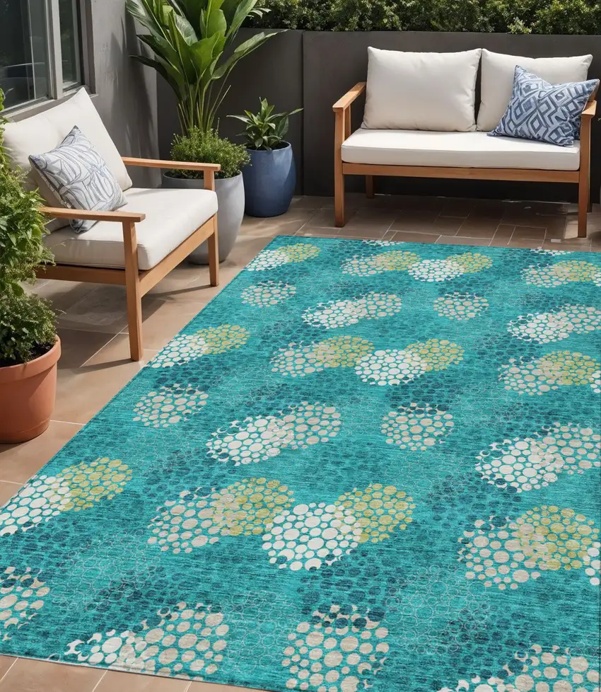 Emerald Gray And Ivory Polka Dot Washable Indoor Outdoor Area Rug Photo 1