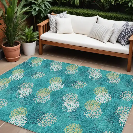 Emerald Gray And Ivory Polka Dot Washable Indoor Outdoor Area Rug Photo 1