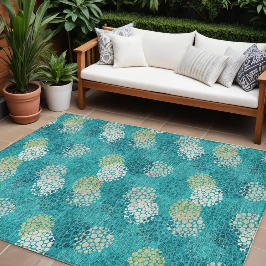 Emerald Gray And Ivory Polka Dot Washable Indoor Outdoor Area Rug Photo 1