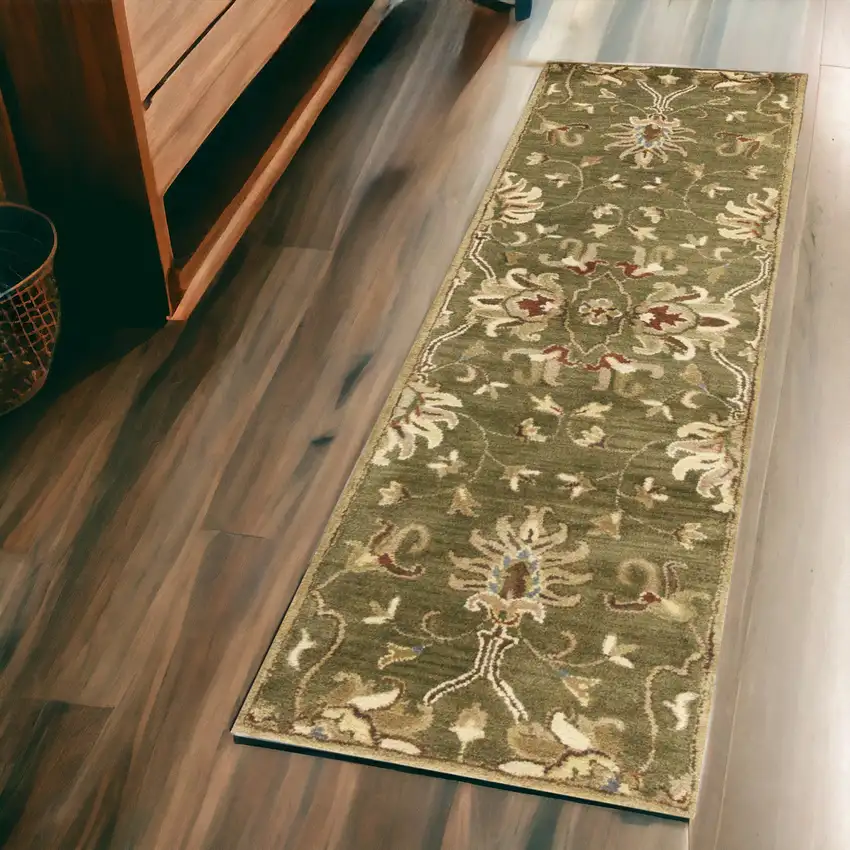 2' X 7' Emerald Green Floral Vine Wool Runner Rug Photo 1