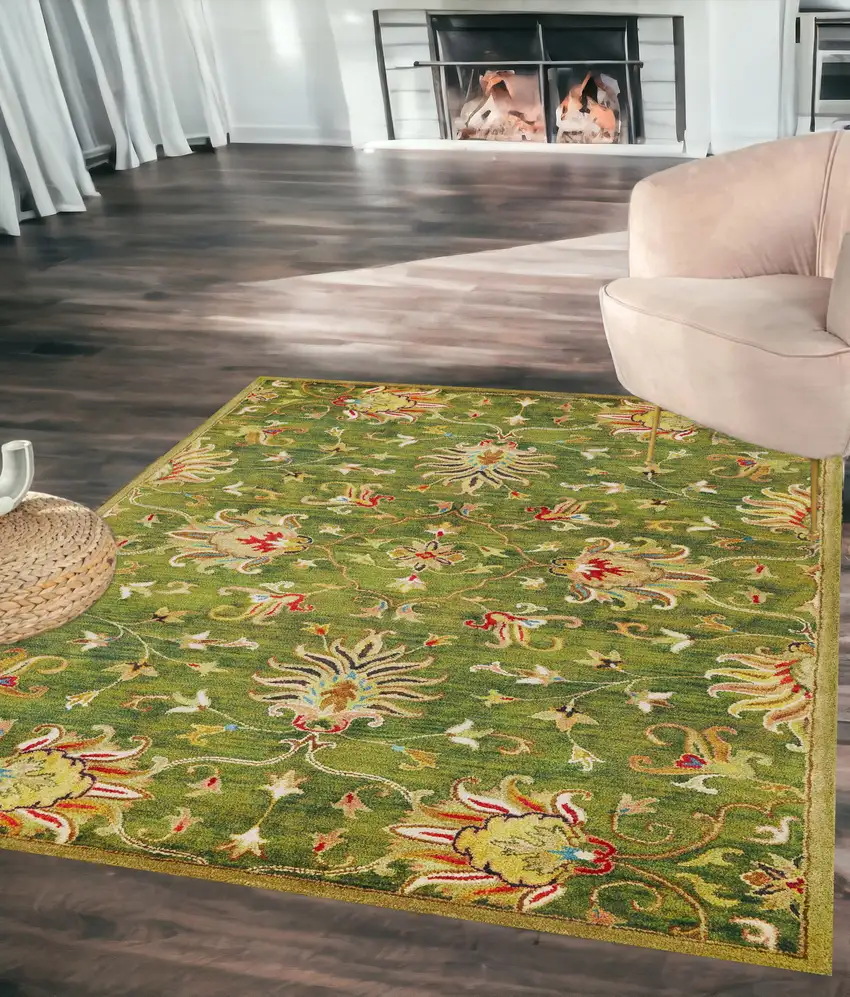 Green and Red Wool Floral Vines Hand Tufted Area Rug Photo 1